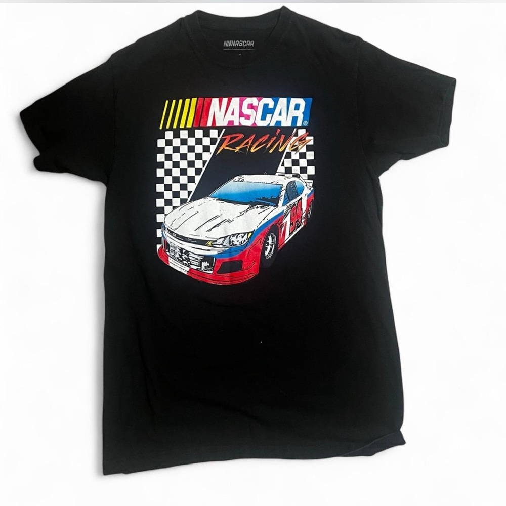 Nascar Black Tee with Checkered Car Graphic